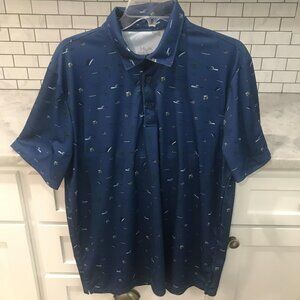 Huk Polo Shirt Mens Large Blue Fishing Performance Allover Print Tropical Marlin
